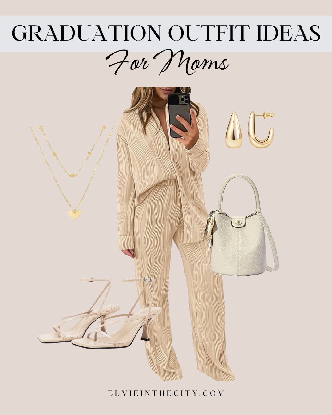 This graduation look for mom includes a two-piece button up blouse and pants set, strappy cream heels, a bucket bag, a layered gold necklace, and gold hoop earrings.

Graduation outfit, spring outfit, Easter outfit, summer outfit, fashion over 40, over 50 style, amazon fashion, affordable fashion

#LTKStyleTip #LTKOver40 #LTKFindsUnder50