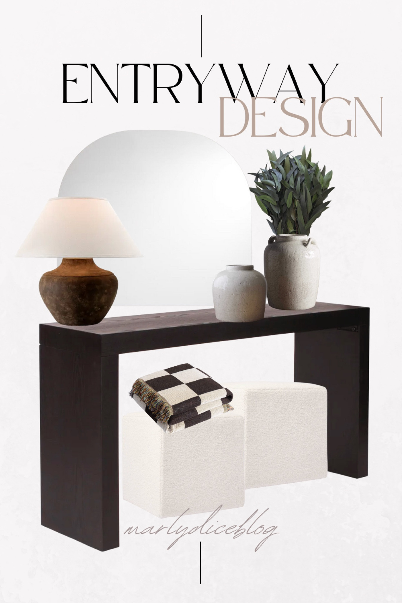 Entryway design. Black co sole table, boucle ottomans, frameless arched mirror, Troy lighting lamp, arrays vases, checkered Amazon throw 

#LTKhome