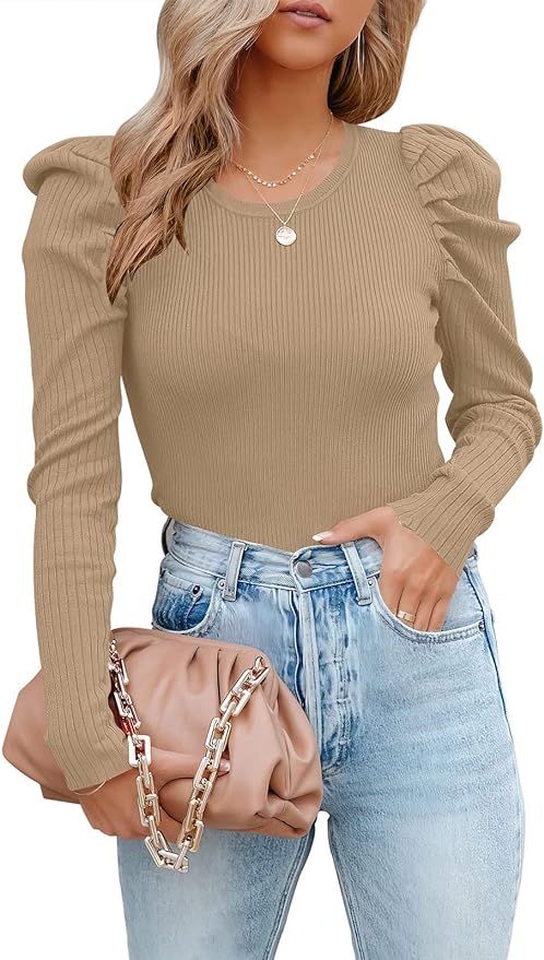 Prinbara Women's Long Puff Sleeve Crewneck Ribbed Knit Solid Sweater Pullover Top | Amazon (US)