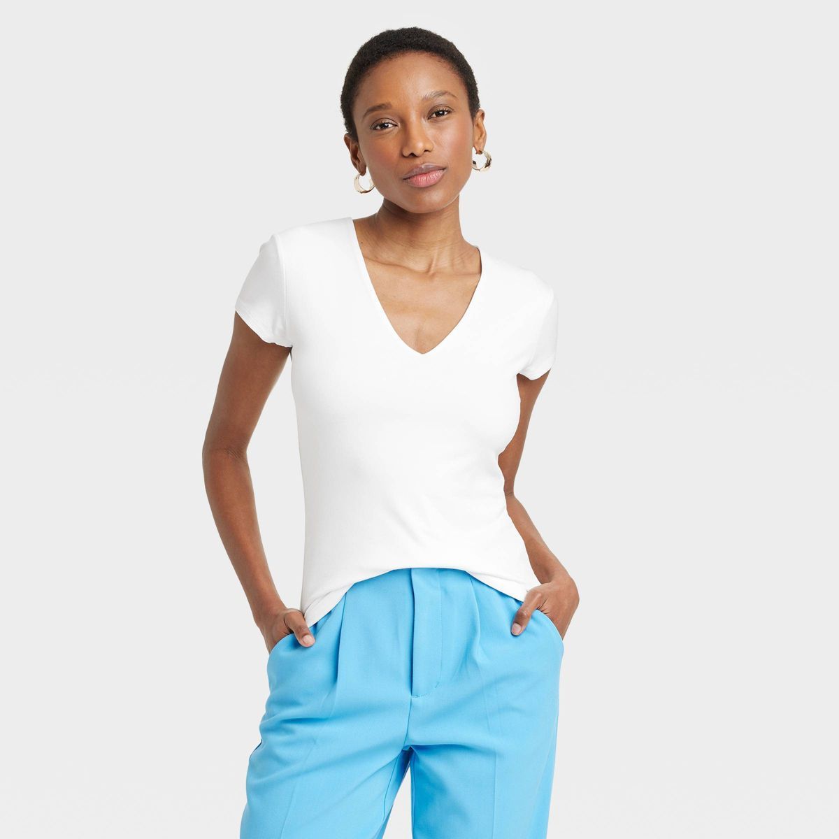 Women's Slim Fit Short Sleeve V-Neck T-Shirt - A New Day™ White XS | Target