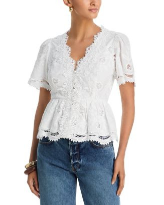 AQUA Embroidered Lace Button Down V Neck Top - Exclusive | Bloomingdale's Women | Bloomingdale's (US)