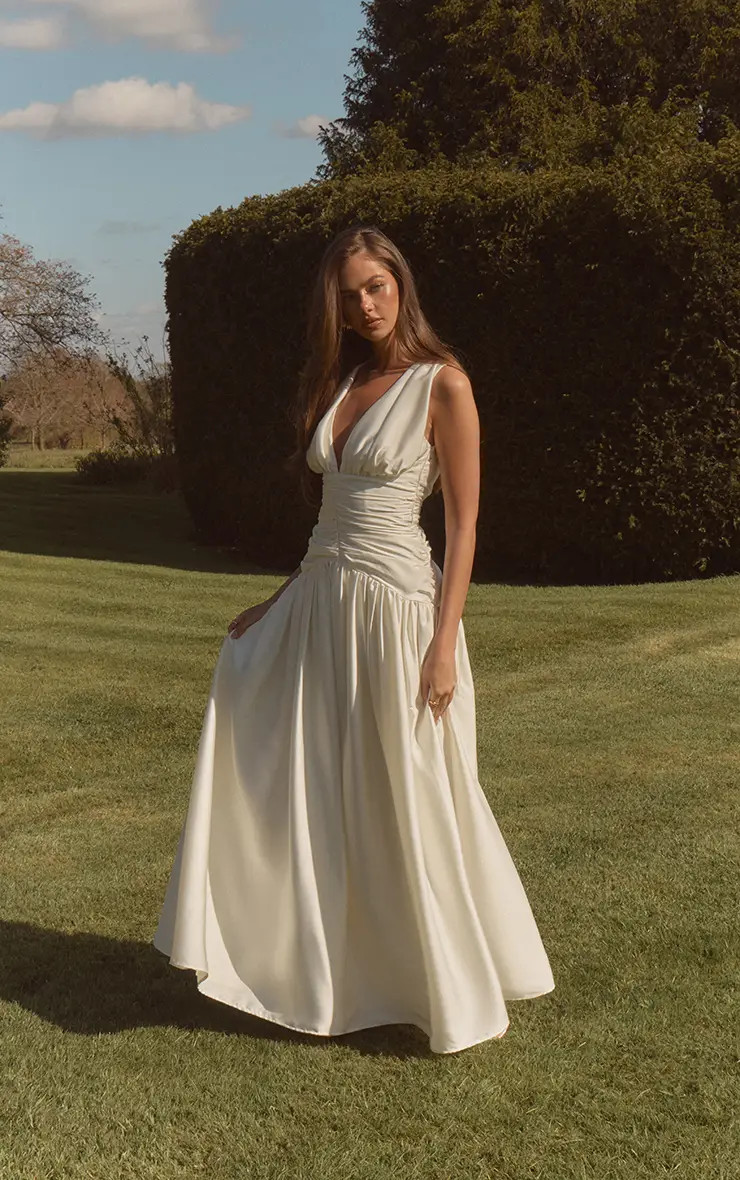 White Satin Ruched Maxi Dress | PrettyLittleThing US
