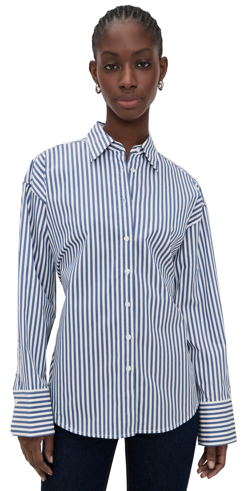 Good American Oversized Poplin Shirt with Adjustable Waist Indigo Stripe L | Shopbop