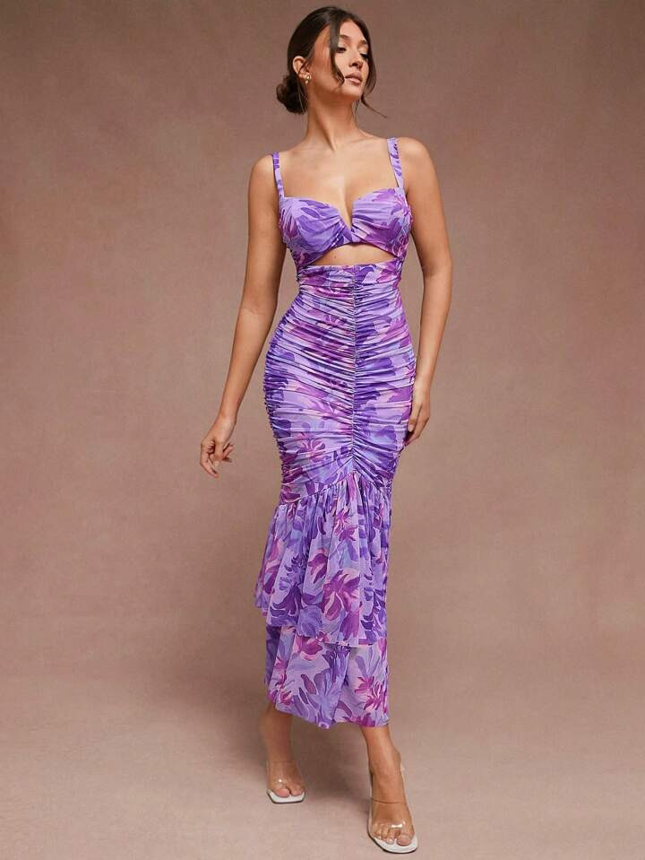 L'Amorae Abito Con Volant Floreali, Orlo A Sirena E Dettagli Tagliati | SHEIN