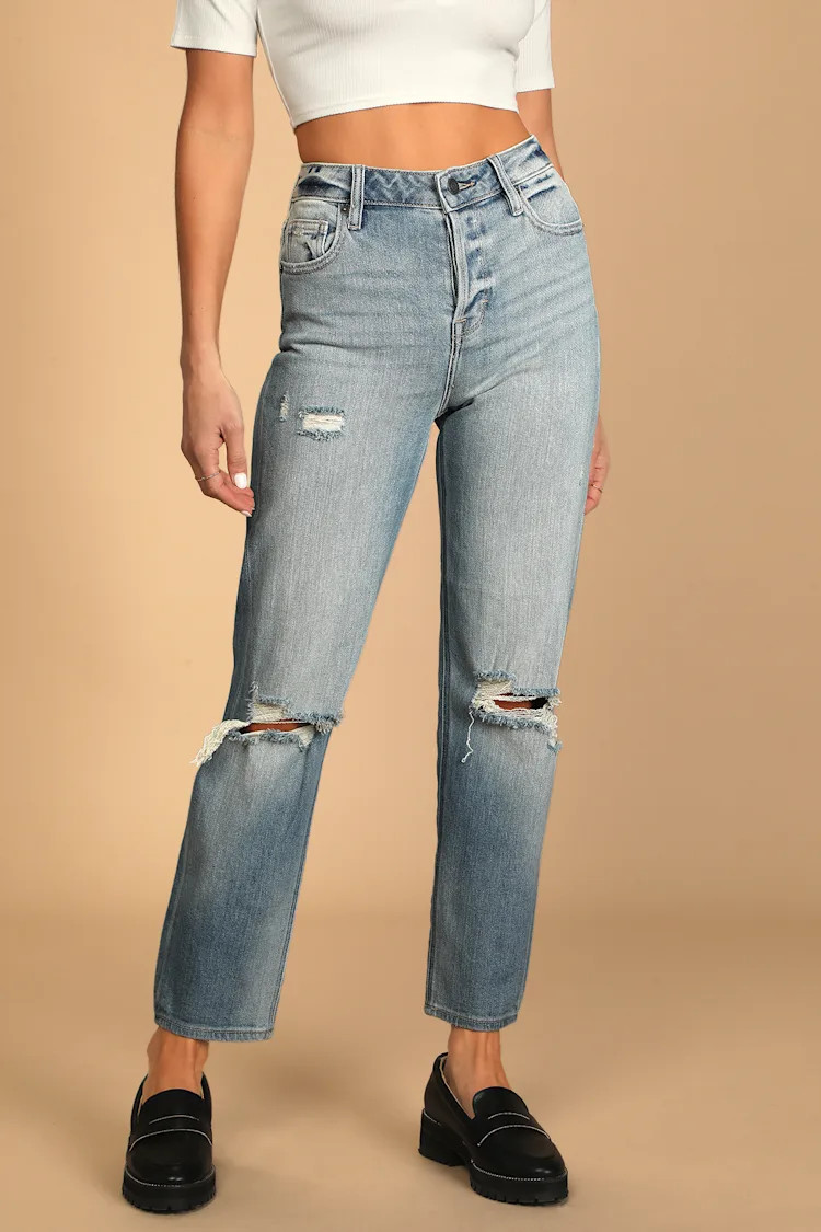 Favorite Pick Medium Wash Denim Distressed Mom Jeans | Lulus (US)