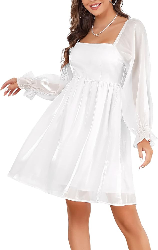 KOJOOIN Womens Puff Sleeve Square Neck Puffy Dress Babydoll Mesh Midi Dress | Amazon (US)