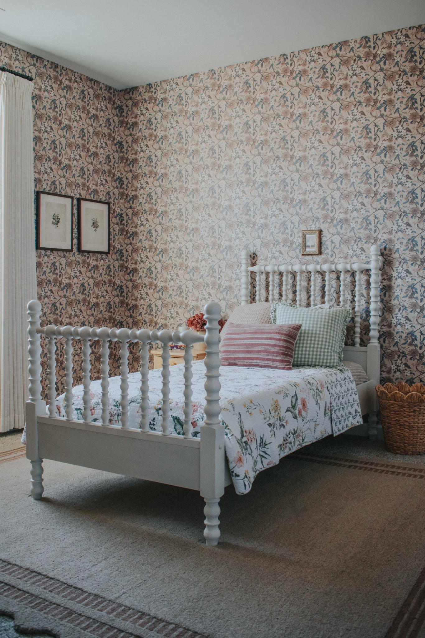 Girls bedroom. Kids bedroom. Floral wallpaper. Peel and stick wallpaper. Flower wallpaper. Jenny Lind bed. Vintage bedroom. Scalloped rug. Brown rug  

#LTKKids #LTKHome
