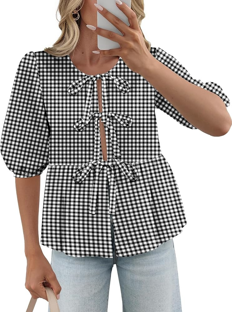 Women's Tie Front Peplum Blouses Puff Short Sleeve Crewneck Shirt Cute Y2K Coquette Babydoll Goin... | Amazon (US)
