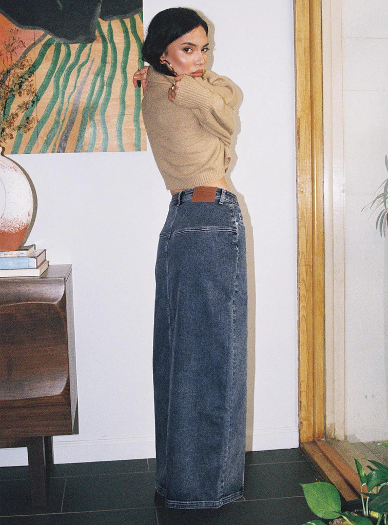 Batkins Maxi Skirt Dark Wash Denim Petite | Princess Polly US