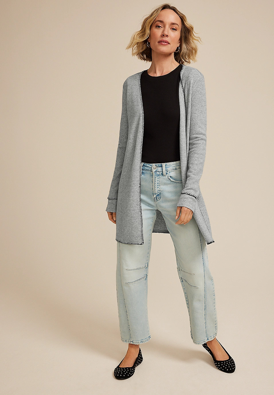 Whipstitch Trim Open Front Cardigan | Maurices