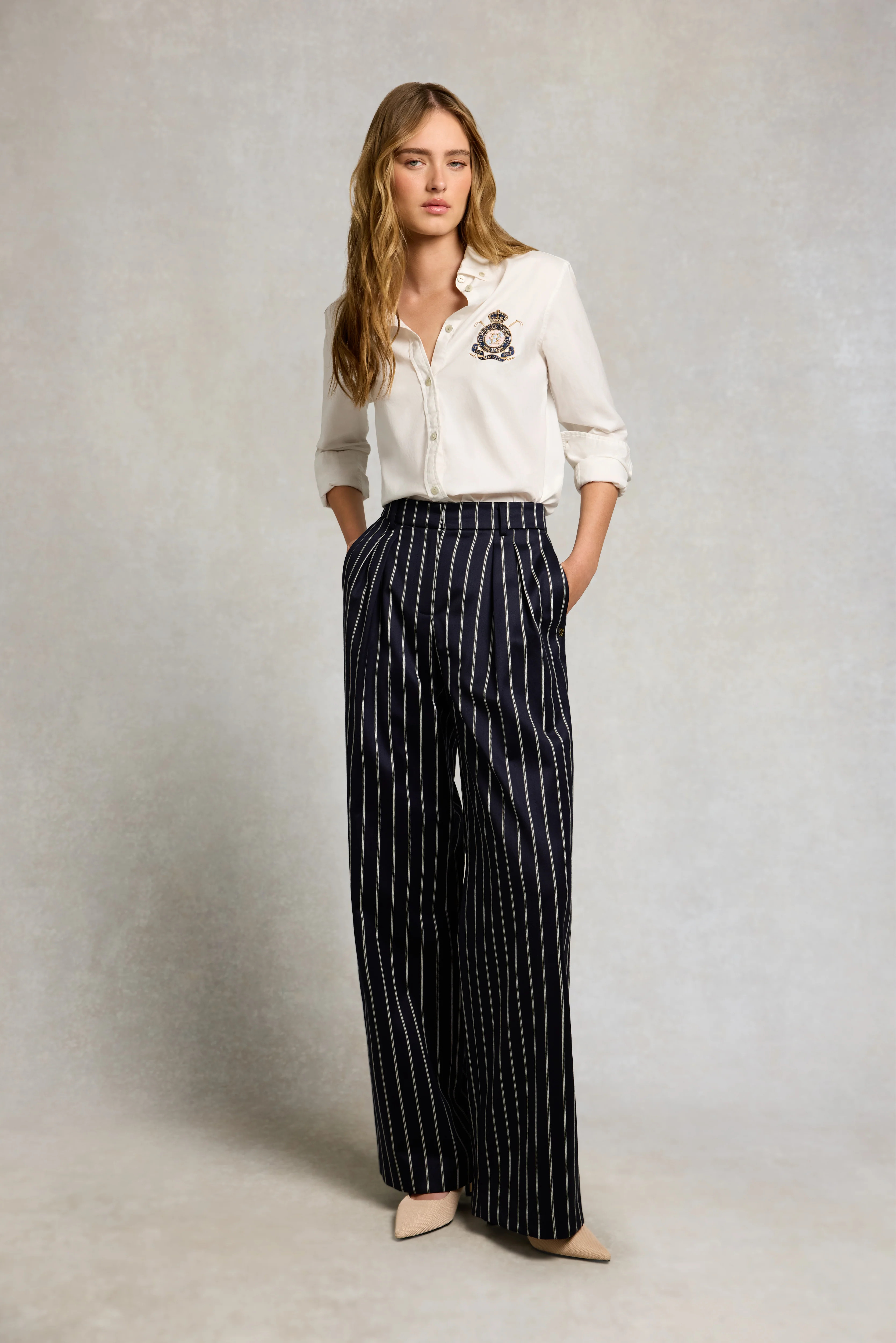 Shoreditch Pleated Trouser (Ink Navy Wide Stripe) | Holland Cooper