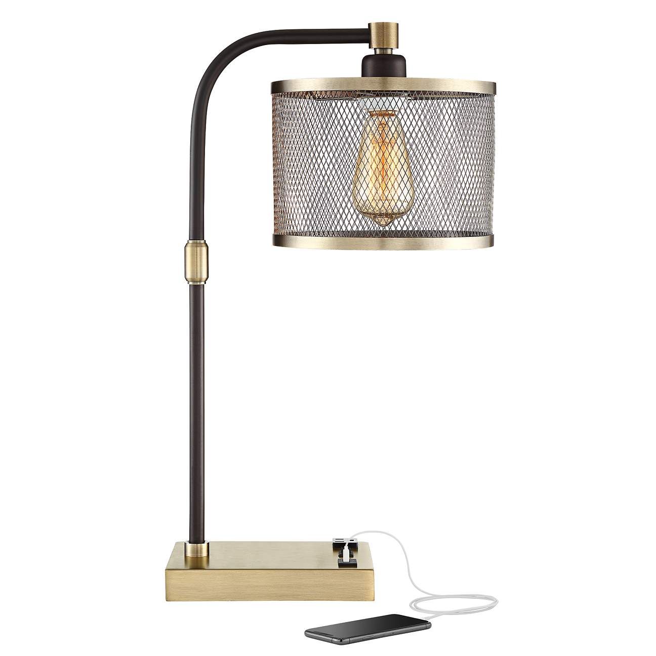 Brody Antique Brass Desk Lamp with USB and Outlet | LampsPlus.com