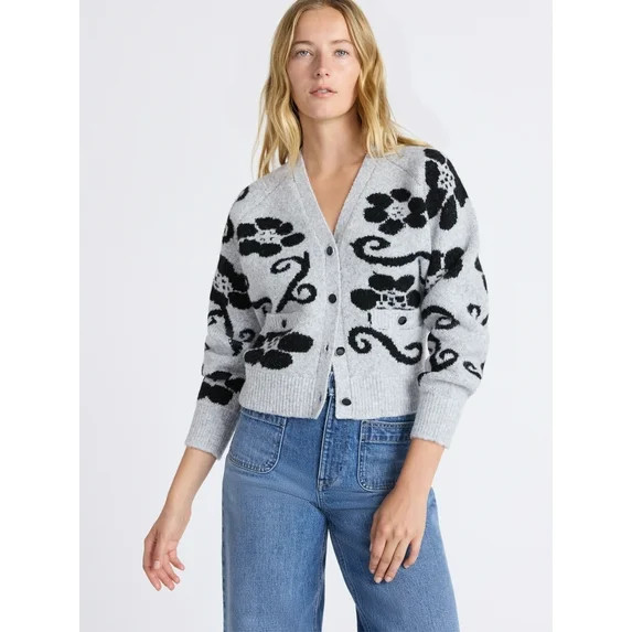 Free Assembly Women’s Floral Pattern V-Neck Cardigan Sweater, Midweight, Sizes XS-XXL | Walmart (US)