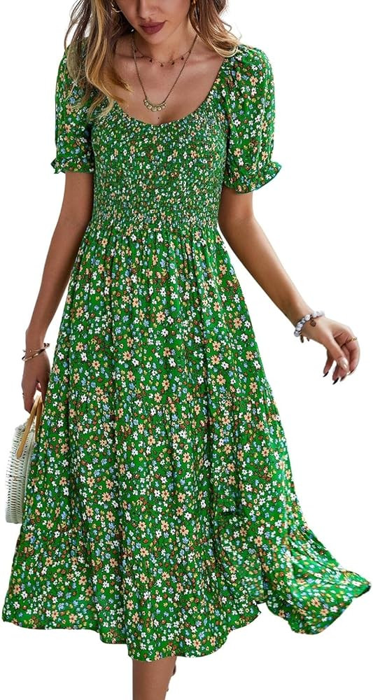 Raikamitu Women's Summer Smocked Midi Dress Ditsy Floral Print Casual a Line Square Neck Short Puff  | Amazon (US)
