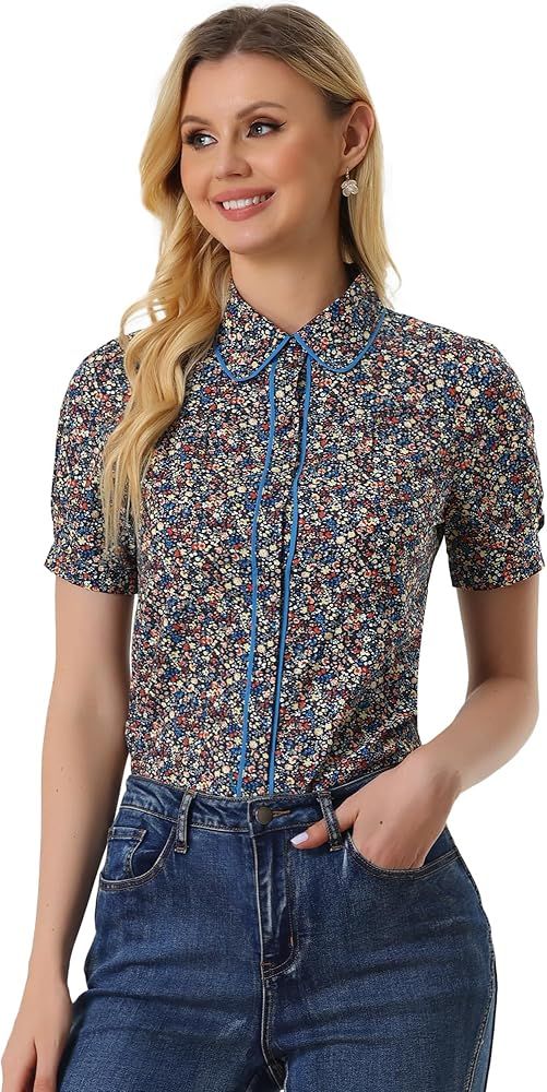 Allegra K Peter Pan Collar Blouse for Women's Contrast Trim Puff Sleeve Peasant Floral Shirt | Amazon (US)