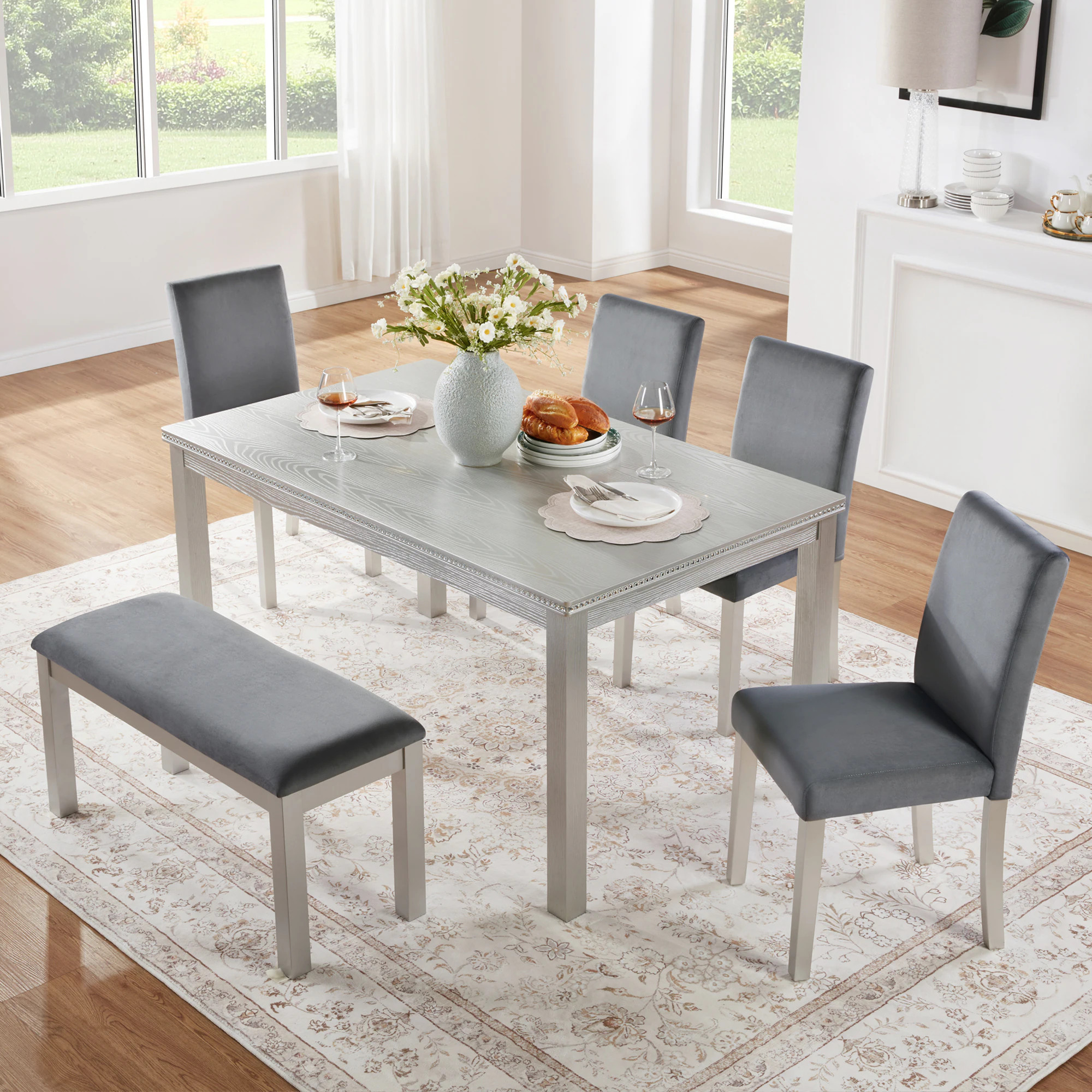 LOVMOR 6 Piece Wooden Dining Table Set with 4 Upholstered Chairs and Bench for 6 People Crystal Decoration Silver gray one_size | SF-H-W1998S00067 | Lowe's