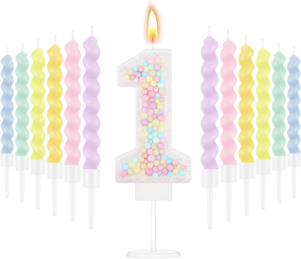 Birthday Candle Macaron Glitter 3D Number Candle with 12 Pcs Rainbow Spiral Candles in Holders fo... | Amazon (US)