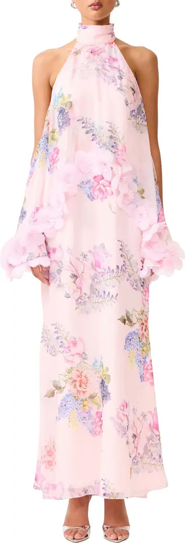 Millie Floral Appliqué Tiered Halter Neck Gown | Nordstrom