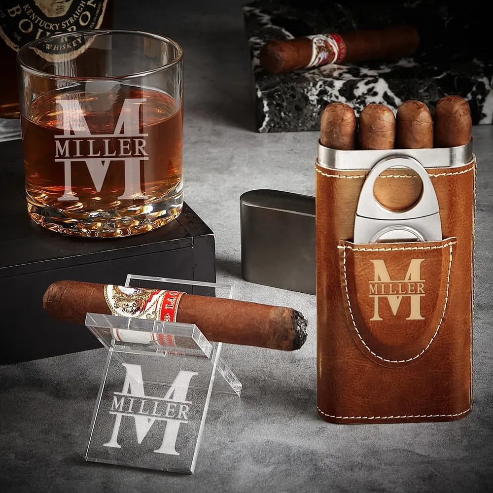 Custom Cigar Gift Set with Cigar Case, Stand, and Whiskey Glass | HomeWetBar.com