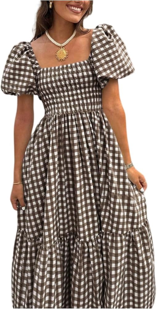 Summer Dresses Women Smocked Square Neck Puff Short Sleeve Plaid Gingham Dress Ruffle A Line Flow... | Amazon (US)