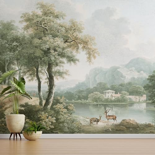 Vintage Forest Wall Mural Peel and Stick 133" W X 98" H Beige Green Nature Wall Mural with Deer R... | Amazon (US)