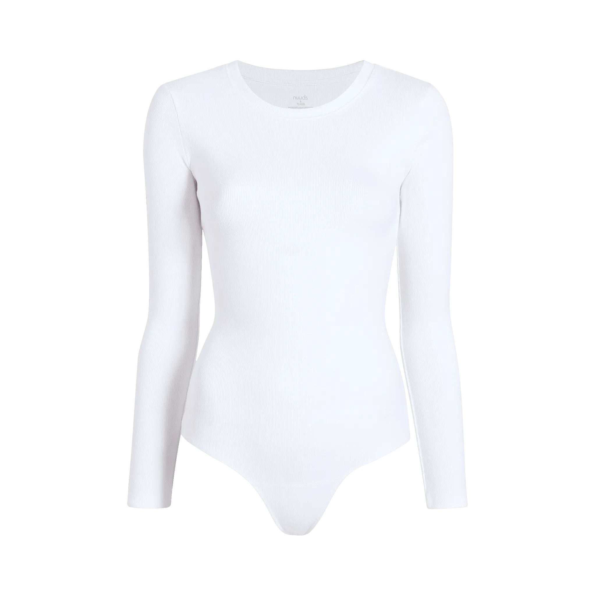 Long Sleeve Ribbed Crewneck Bodysuit | White - nuuds | nuuds