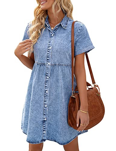 LookbookStore Holiday Dresses for Women 2026 Button Down Dress Denim Babydoll Jean Dress Short Sleeves Midi Summer Oversized Denim Short Bay Blue Size XL Babydoll Size 16 18 | Amazon (US)