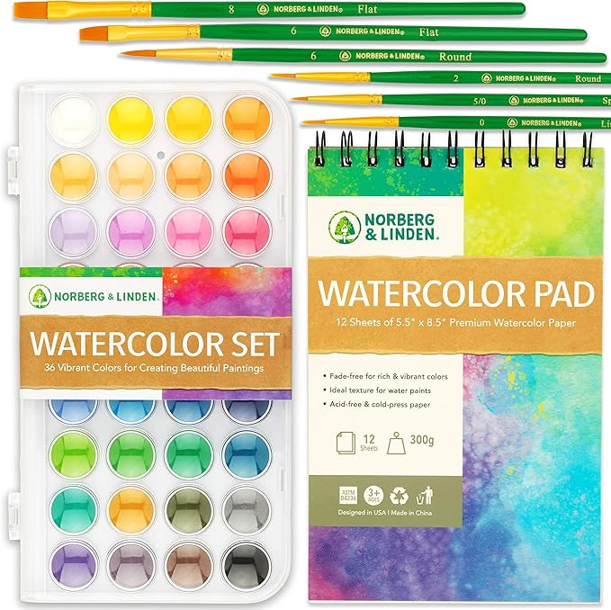 Watercolor Paint Set - 36 Premium Paints - 12 Page Pad - 6 Brushes - Painting Supplies with Palet... | Amazon (US)