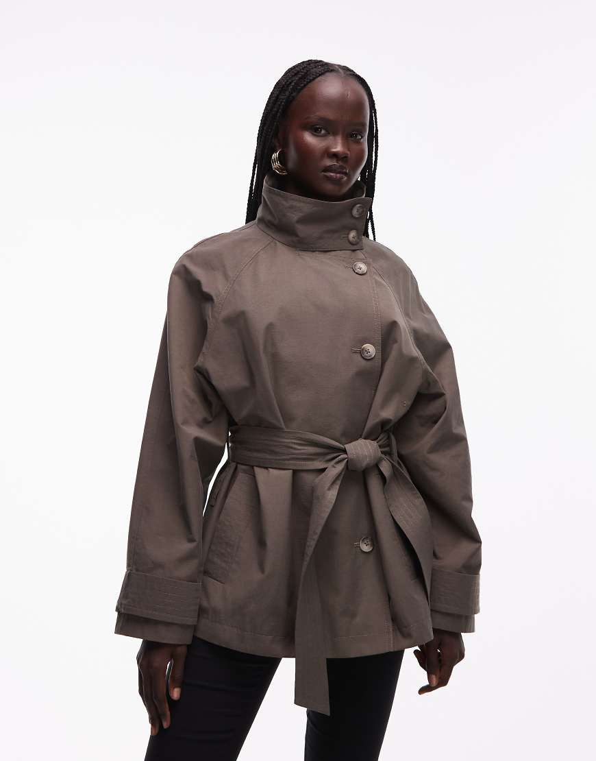 ASOS DESIGN funnel neck tie belt trench coat in mushroom-Neutral | ASOS (Global)
