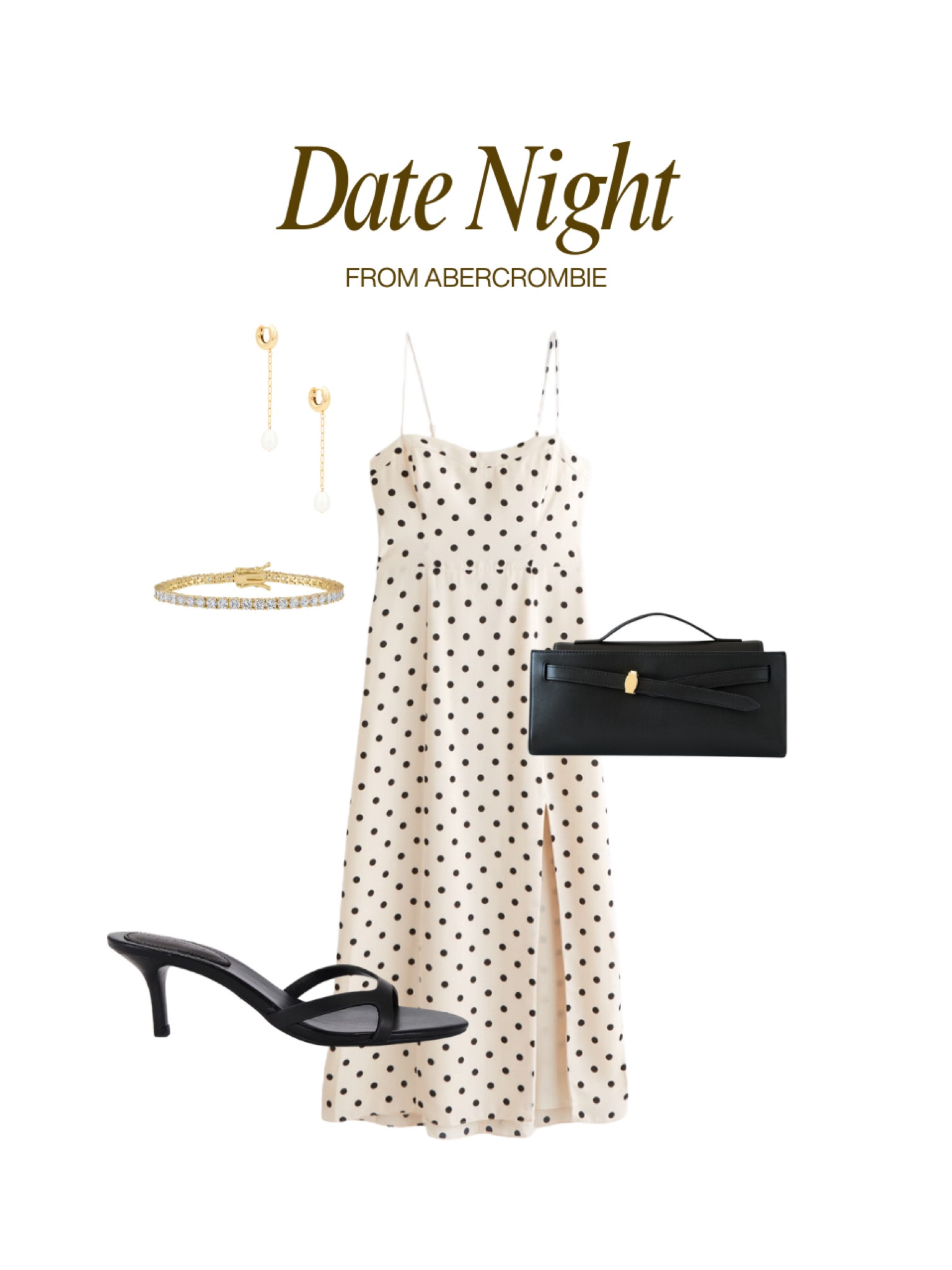 Date night outfit idea from Abercrombie 🫶🏼 polka dot, midi dress, date night look, black heels, black kitten heels, jewelry, black bag

#LTKFindsUnder100 #LTKSpringSale #LTKShoeCrush