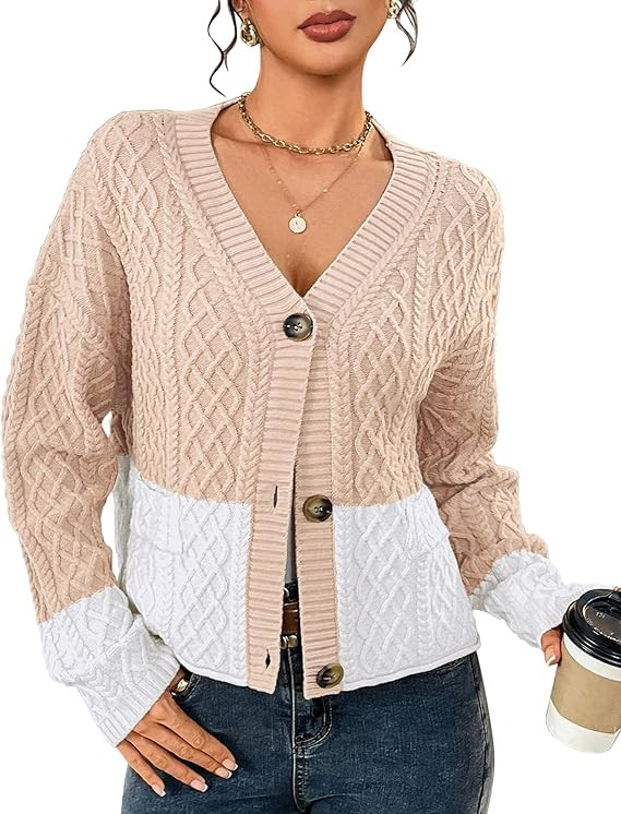 BB&KK Cropped Cardigan for Women Fall Color Block Button Up 2025 Long Sleeve Chunky Knit Open Fro... | Amazon (US)