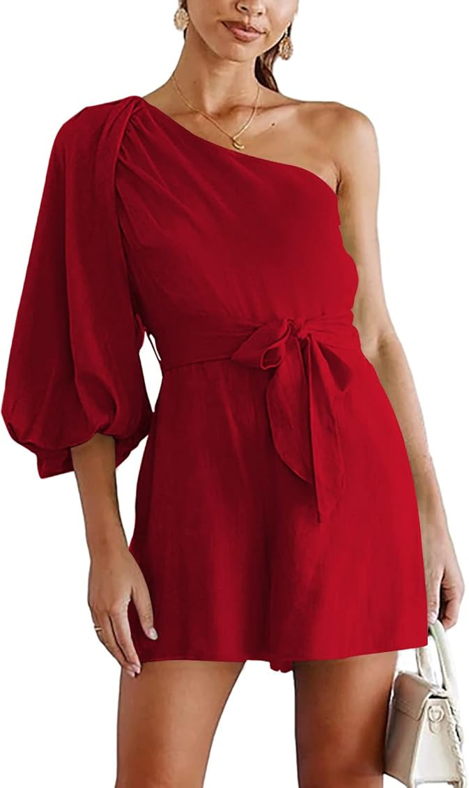 LYANER Women's One Shoulder Puff Half Sleeve Ruched Tie Front Belt Romper Jumpsuit | Amazon (US)
