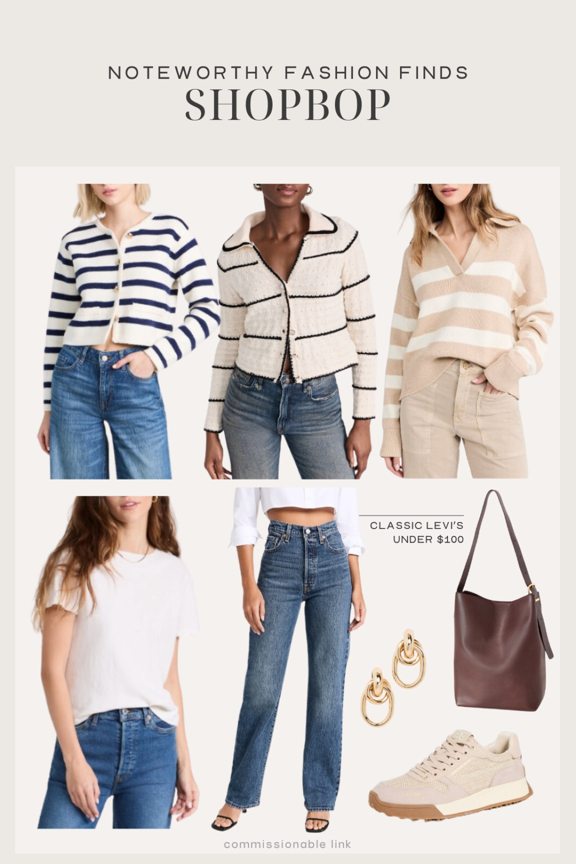 Noteworthy fashion finds from Shopbop:
Striped cardigan
Jeans
Striped sweater 
Bucket bag
Sneakers
Gold earrings 

#LTKSeasonal