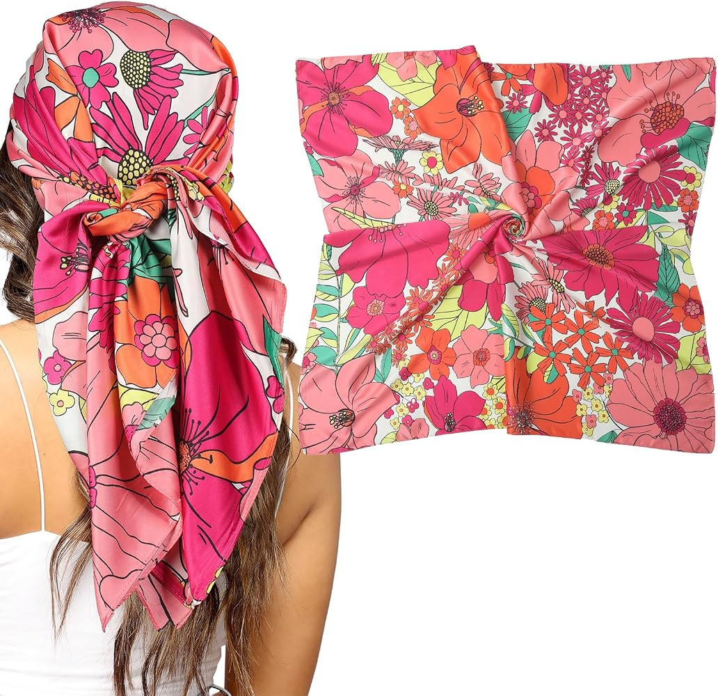 AWAYTR 35\u201d Silk Scarf for Women Large Head Scarf Square Hair Scarf Satin Hair Bandana Printe... | Amazon (US)