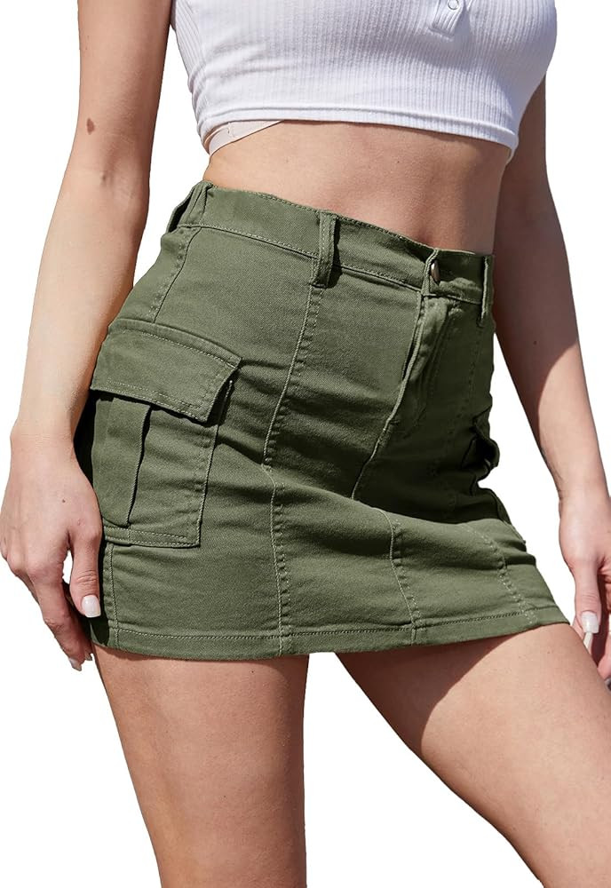 HERBATOMIA Women’s Cargo Mini Skirt Y2k Bodycon Button Stretchy Low Waist Solid Sexy Short Skir... | Amazon (US)