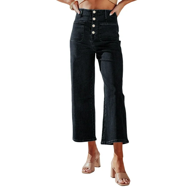 FARYSAYS Fashion Black Wide Leg Jeans for Women High Waisted Breasted Jean Flare Bell Bottom Jean... | Walmart (US)