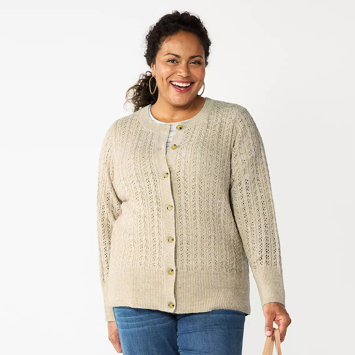 Plus Size Croft & Barrow® Stitch Crewneck Cardigan | Kohl's