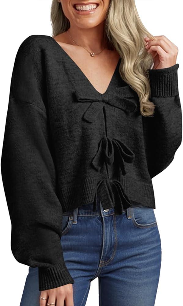 Saodimallsu Womens Bow Sweater Cropped V Neck Long Sleeve Fall Cozy Knit Loose Trendy Pullover Sw... | Amazon (US)