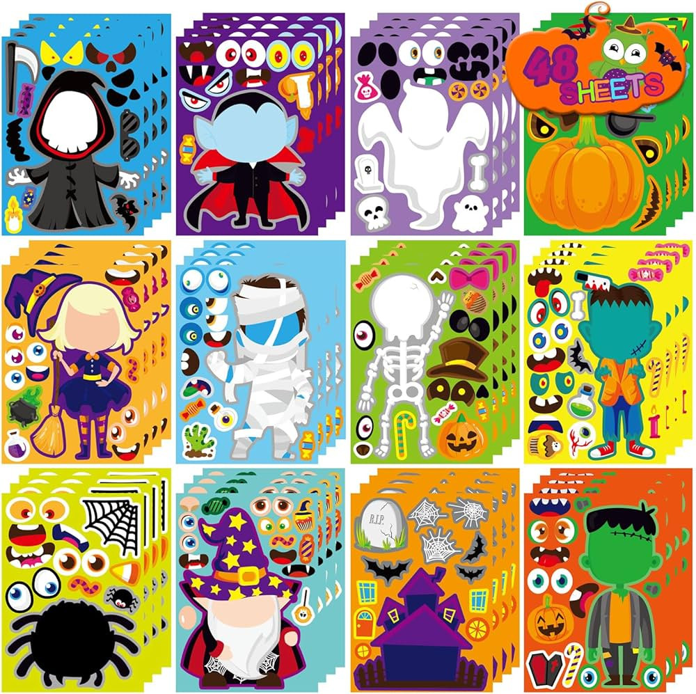 48 PCS Halloween Make-a-face Stickers Halloween Characters Stickers for Kids Make Your Own Mix an... | Amazon (US)