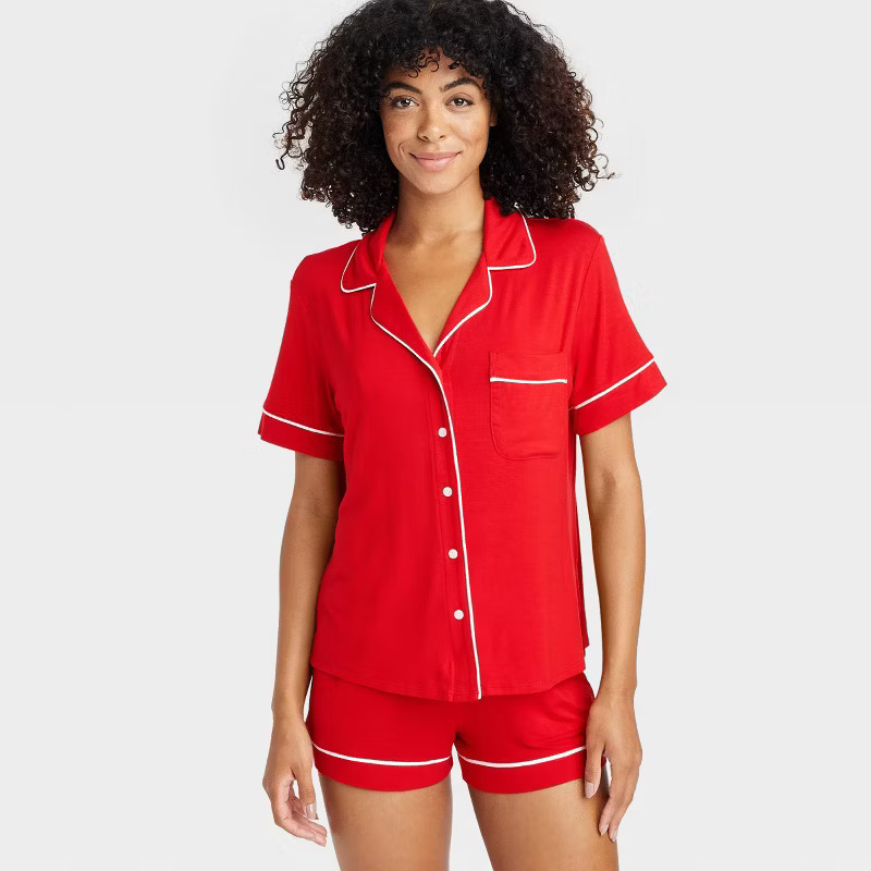 Women's Cloud Knit Short Sleeve Notch Collar Top and Shorts Pajama Set - Auden™ | Target