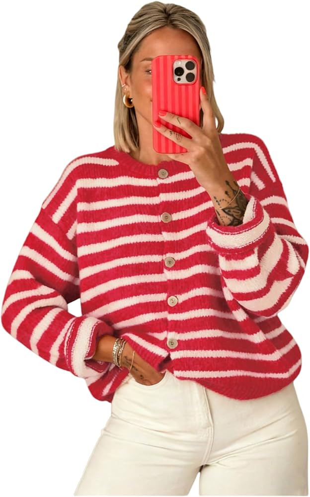 Milumia Women's Striped Button Up Cardigan Sweater Y2k Fall Long Sleeve Crewneck Oversized Sweate... | Amazon (US)
