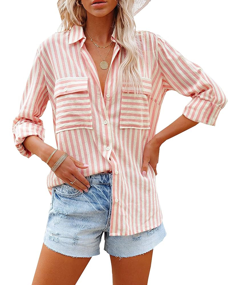 OMSJ Women's Striped Button Down Shirts Casual Long Sleeve Stylish V Neck Blouses Tops with Pocke... | Amazon (US)