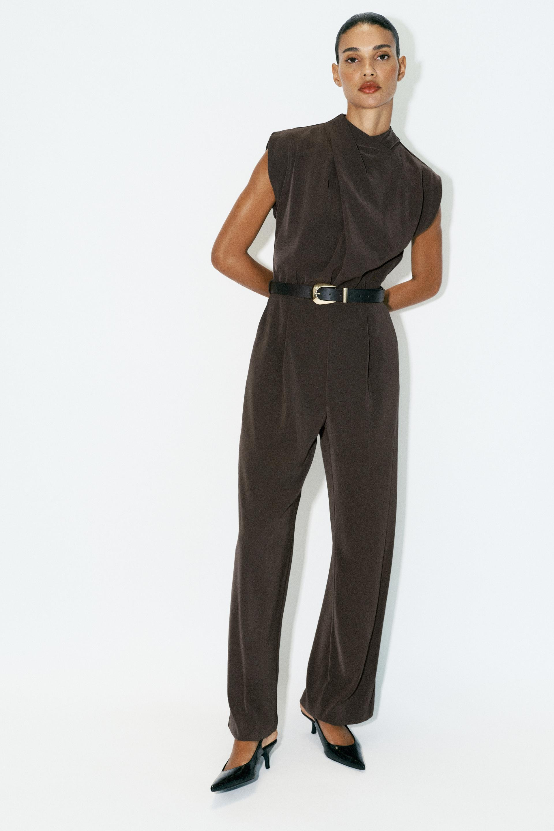 Zara - Belted Jumpsuit - Dark Khaki - S - Woman | Zara US