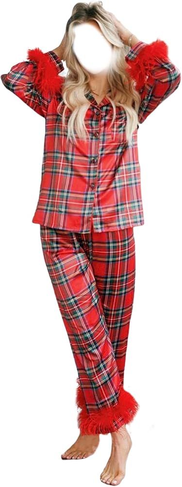 Womens Christmas Feather Trim Pajama Sets Flannel Long Sleeve Lapel Button Up Shirt and Pants 2 P... | Amazon (US)