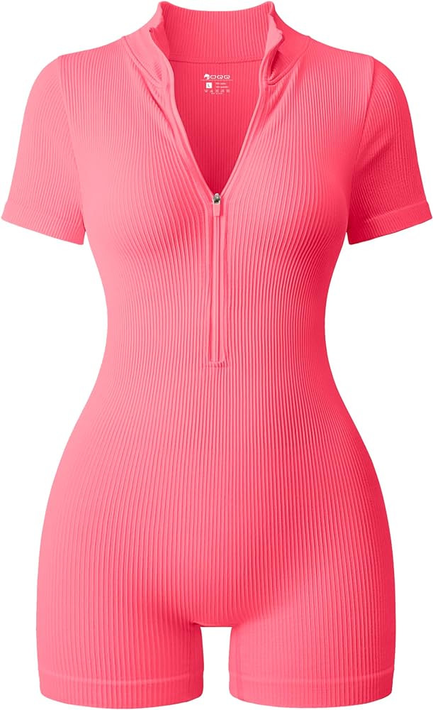 OQQ Women Rompers Ribbed Short Sleeve Zip Front Stretch Tummy Control Yoga Workout Rompers | Amazon (US)