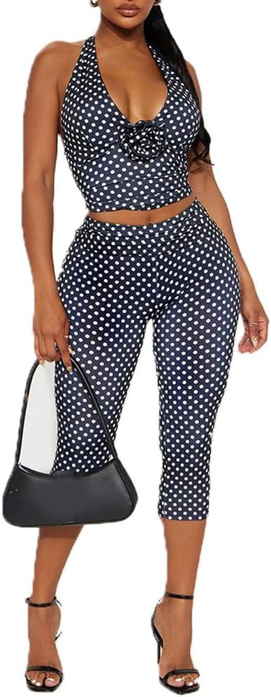 Capri Sets Women 2 Piece Outfits Polka Dot Set Halter Crop Top and Pants Sexy Outfit | Amazon (US)