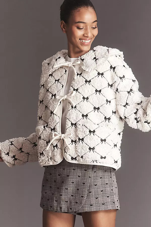 MABLE Bow-Embroidered Tie-Front Sherpa Fleece Jacket | Anthropologie (US)