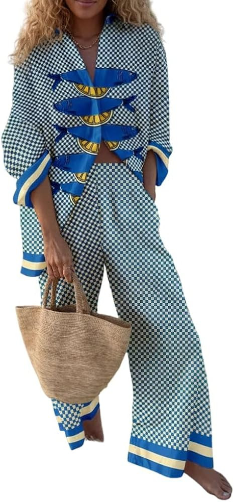 Women's 2-Piece Long Sleeve Shirt & Wide-Leg Pants Set Loose Print Outfit for Beach Vacation & Ca... | Amazon (US)