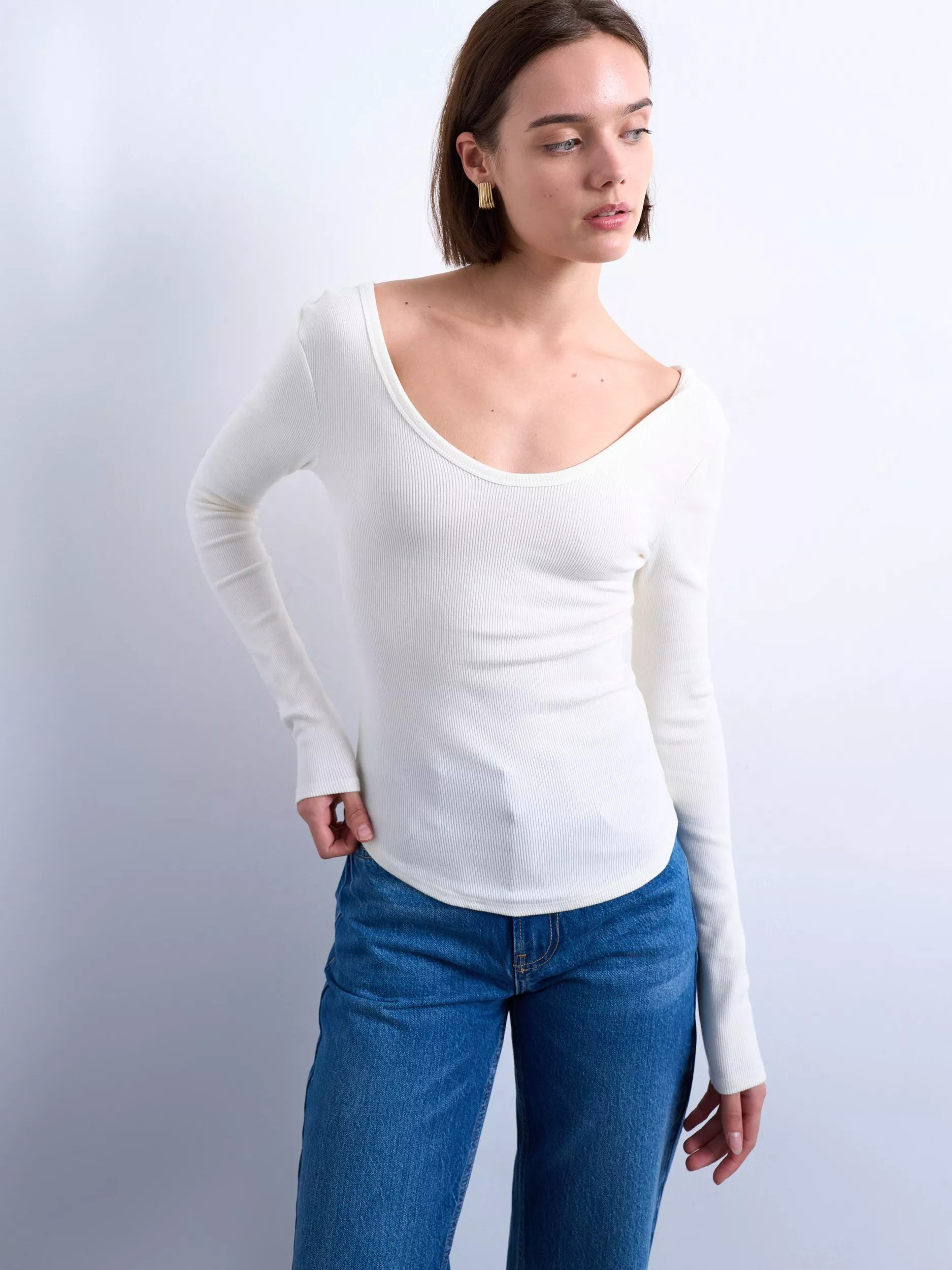 Topshop Scoop Neck Curved Hem Top, White | John Lewis (UK)