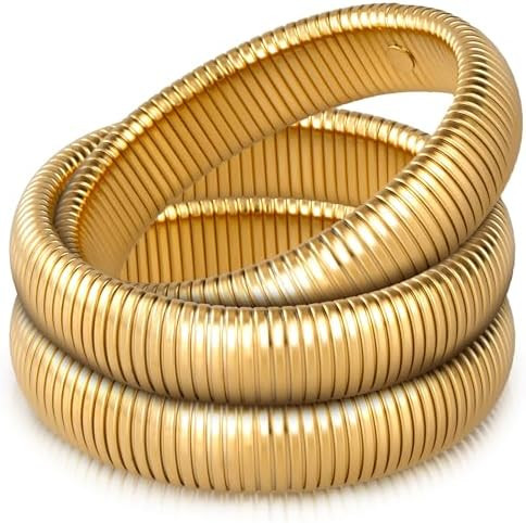 Gold Bangle Bracelets for Women Chunky Stretch Bracelet Set Stackable Bangles 14K Gold Plated Sta... | Amazon (US)